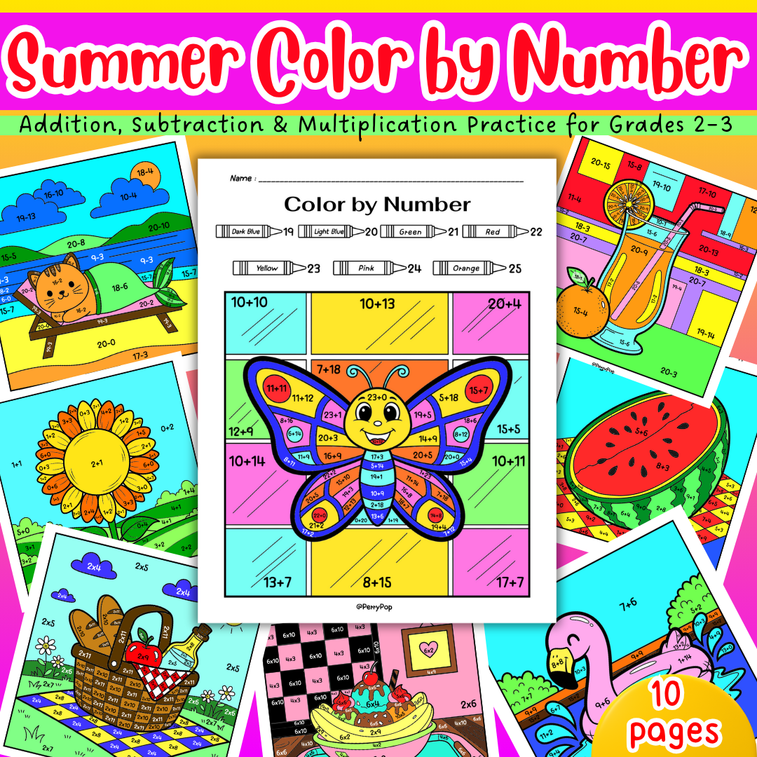 Summer Math Color by Number – Addition, Subtraction & Multiplication Practice