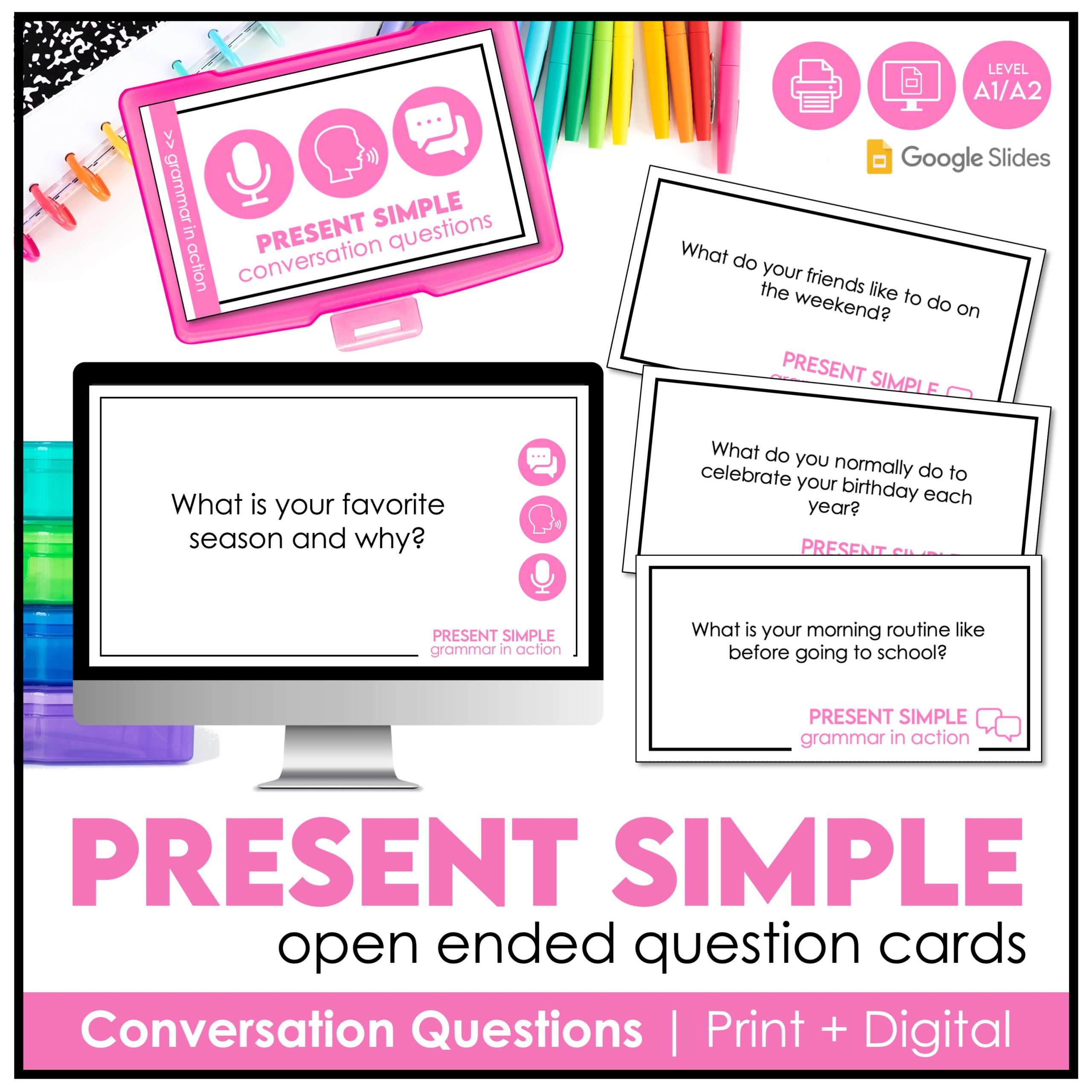 Present Simple ESL Conversation Cards – 60 Digital & Printable Question Prompts