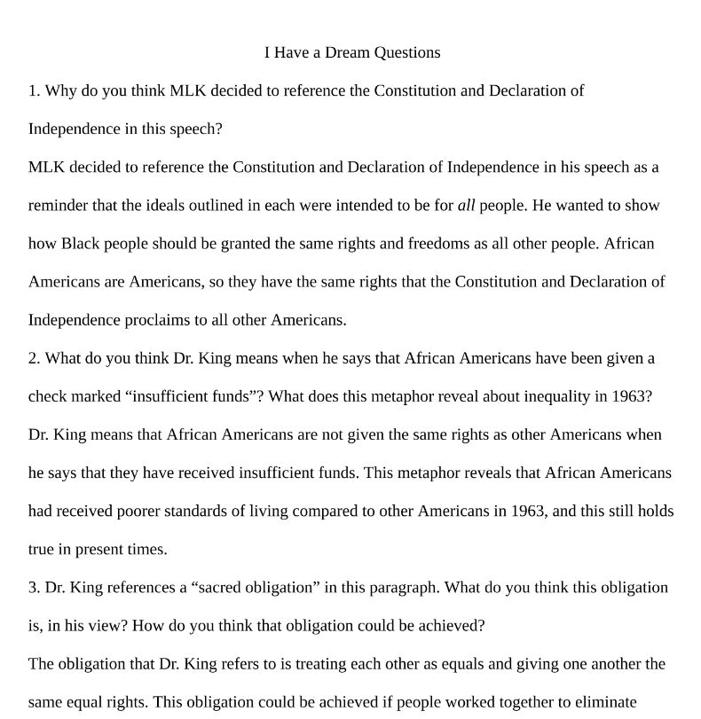 I Have a Dream Questions