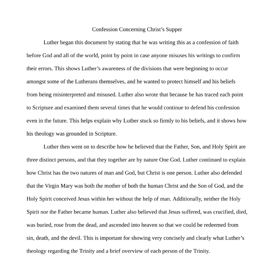 Luther's Confession Concerning Christ's Supper Paper