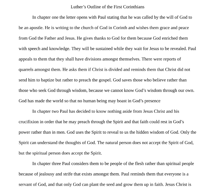 Luther's Outline of the First Corinthians Paper