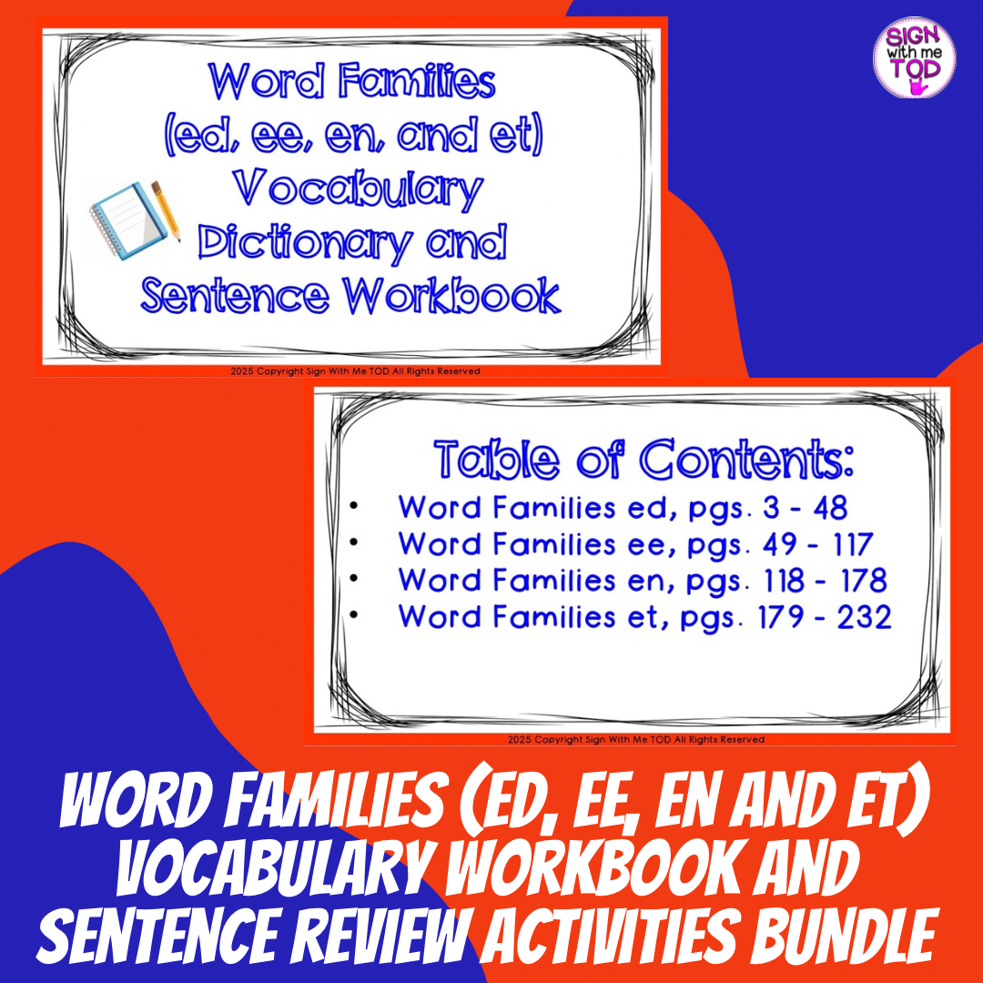 Word Families (ed, ee, en, and et) Vocabulary Review and Workbook BUNDLE