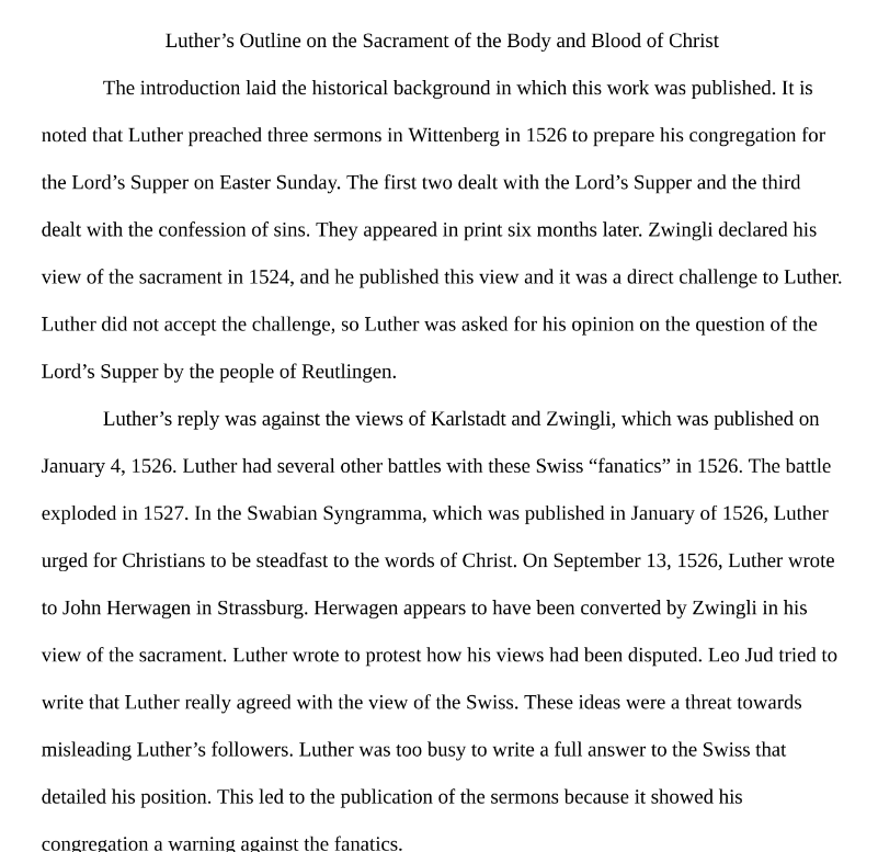 Luther's Outline on the Sacrament of the Body and Blood of Christ Paper and Response