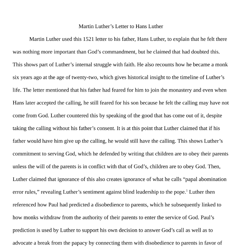 Martin Luther's Letter to Hans Luther Paper