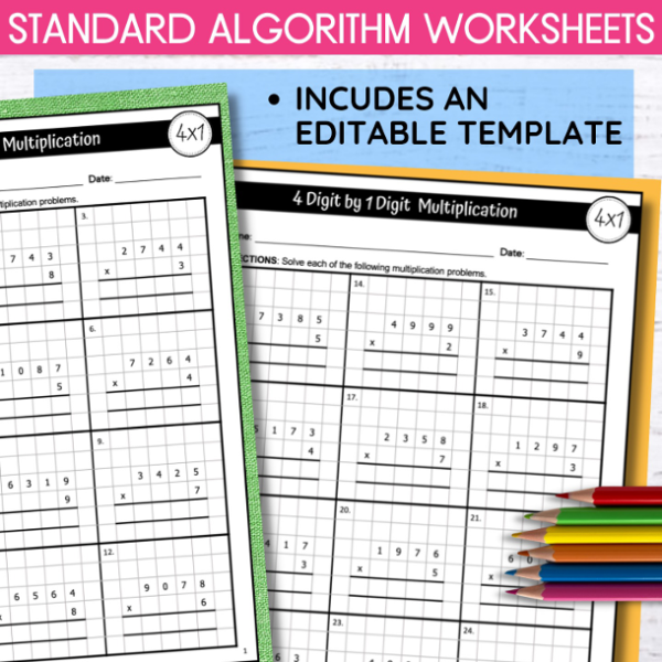 Multiplication Worksheets 4 Digit by 1 Digit Area Model and Standard ...