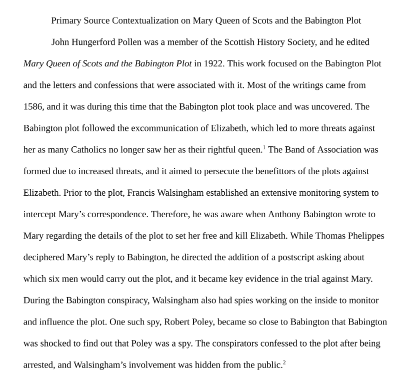 Primary Source Contextualization on Mary Queen of Scots and the Babington Plot