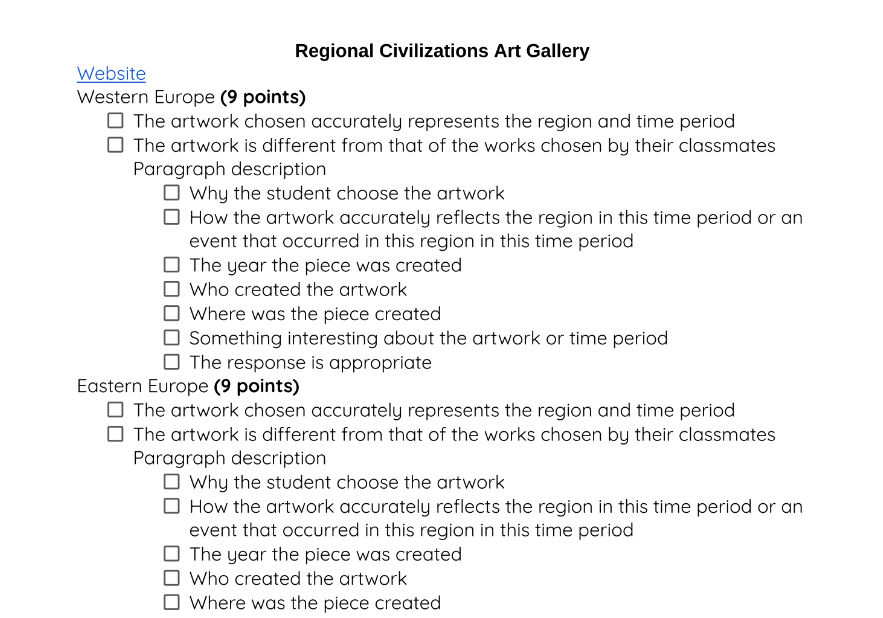 Regional Civilizations Art Gallery Website and Rubric