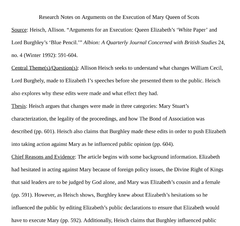 Research Notes on Arguments on the Execution of Mary Queen of Scots