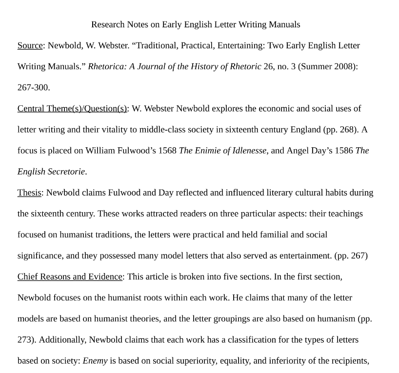 Research Notes on Early English Letter Writing Manuals