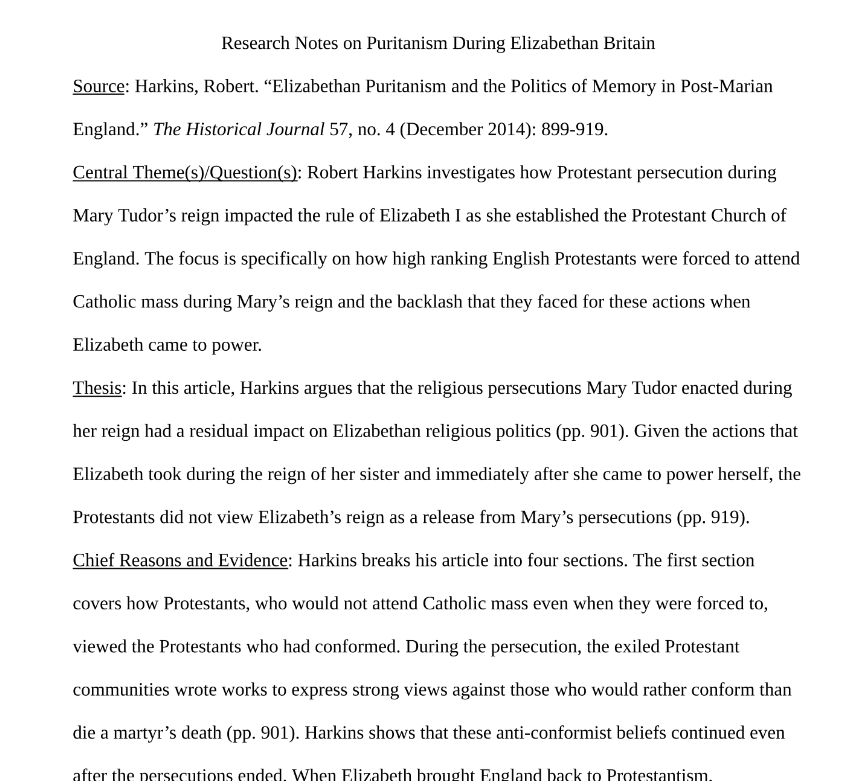 Research Notes on Puritanism During Elizabethan Britain