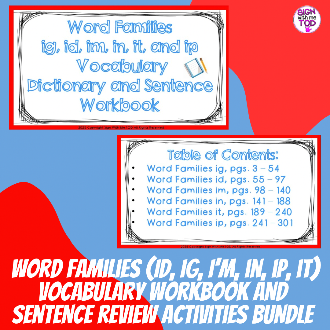 Word Families (ig, id, im, in, it, and ip) Vocabulary Workbook BUNDLE