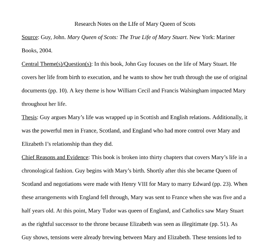 Research Notes on the Life of Mary Queen of Scots