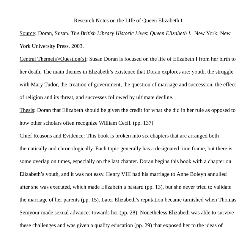 Research Notes on Life of Queen Elizabeth I