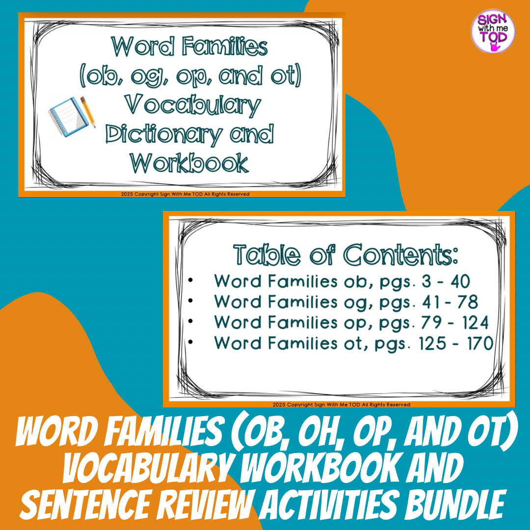 Word Families (ob, og, op, and ot) Vocabulary and Sentence Workbook BUNDLE