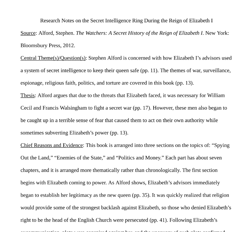 Research Notes on the Secret Intelligence Ring During the Reign of Elizabeth I