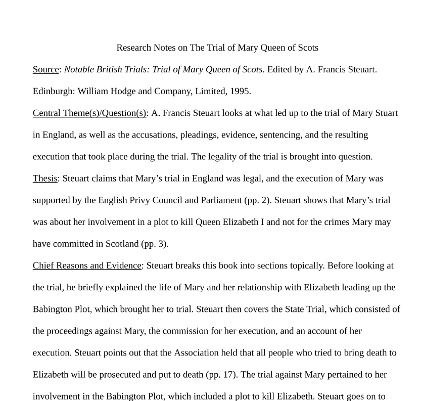 Research Notes on the Trial of Mary Queen of Scots