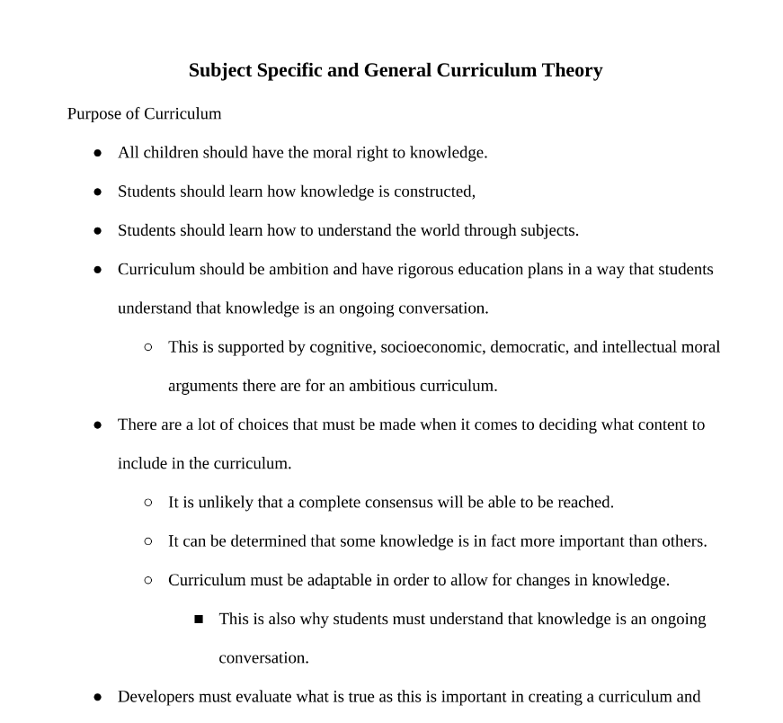 Subject Specific and General Curriculum Theory