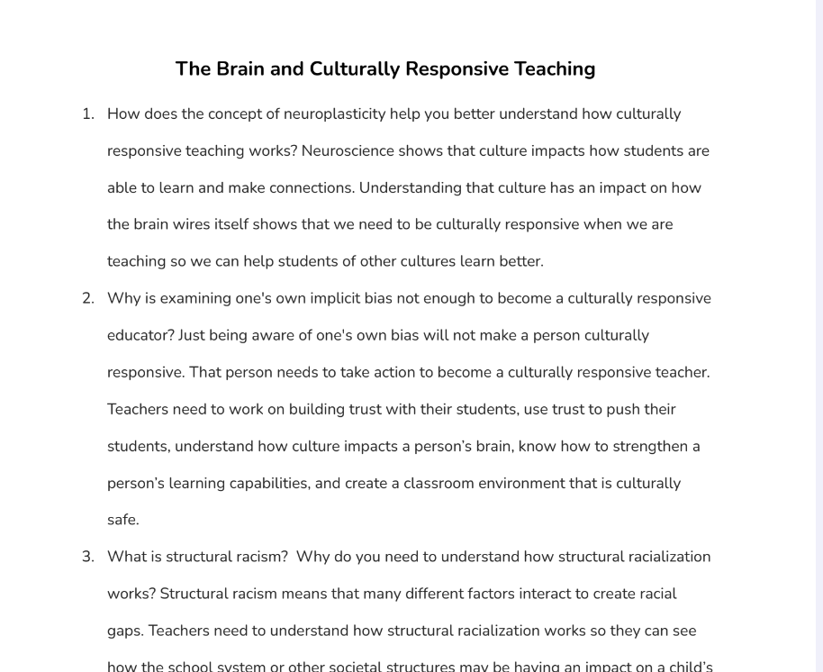The Brain and Culturally Responsive Teaching Questions