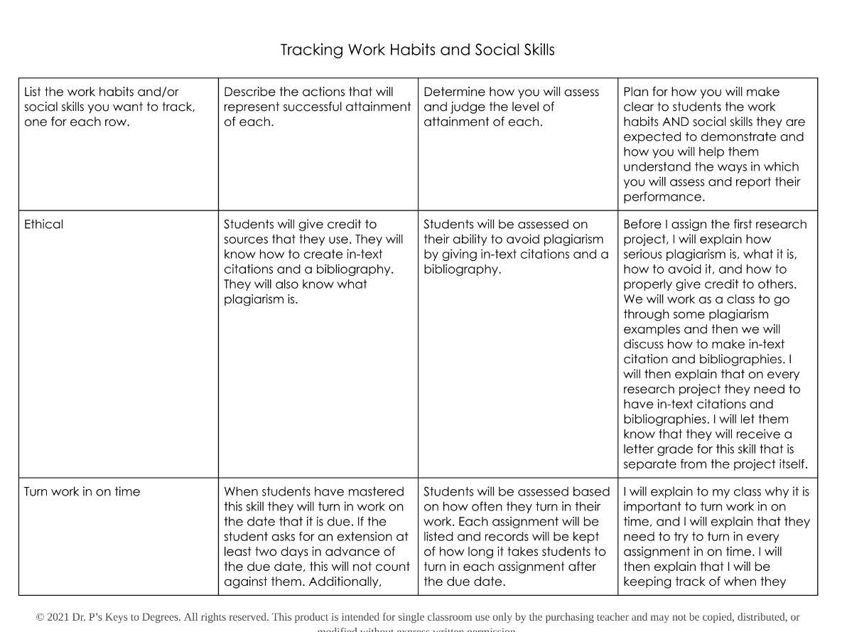 Tracking Work Habits and Social Skills Chart