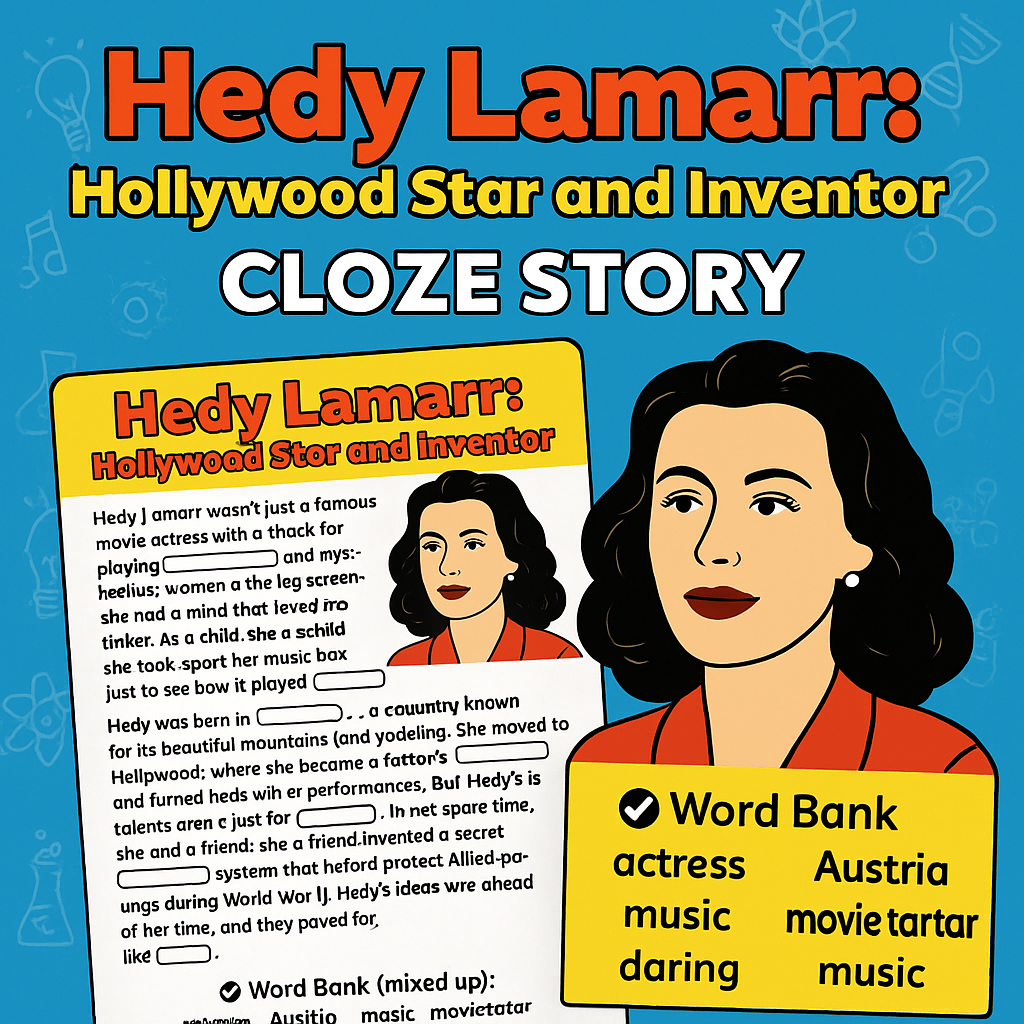 STEM Cloze Story: Hedy Lamarr | Inventor & Hollywood Star Worksheet