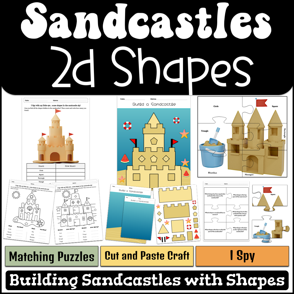 2D Shapes Sandcastle Craft Templates | Shape Craft, Puzzles & I Spy Game | Shapes Sand Castle Craft