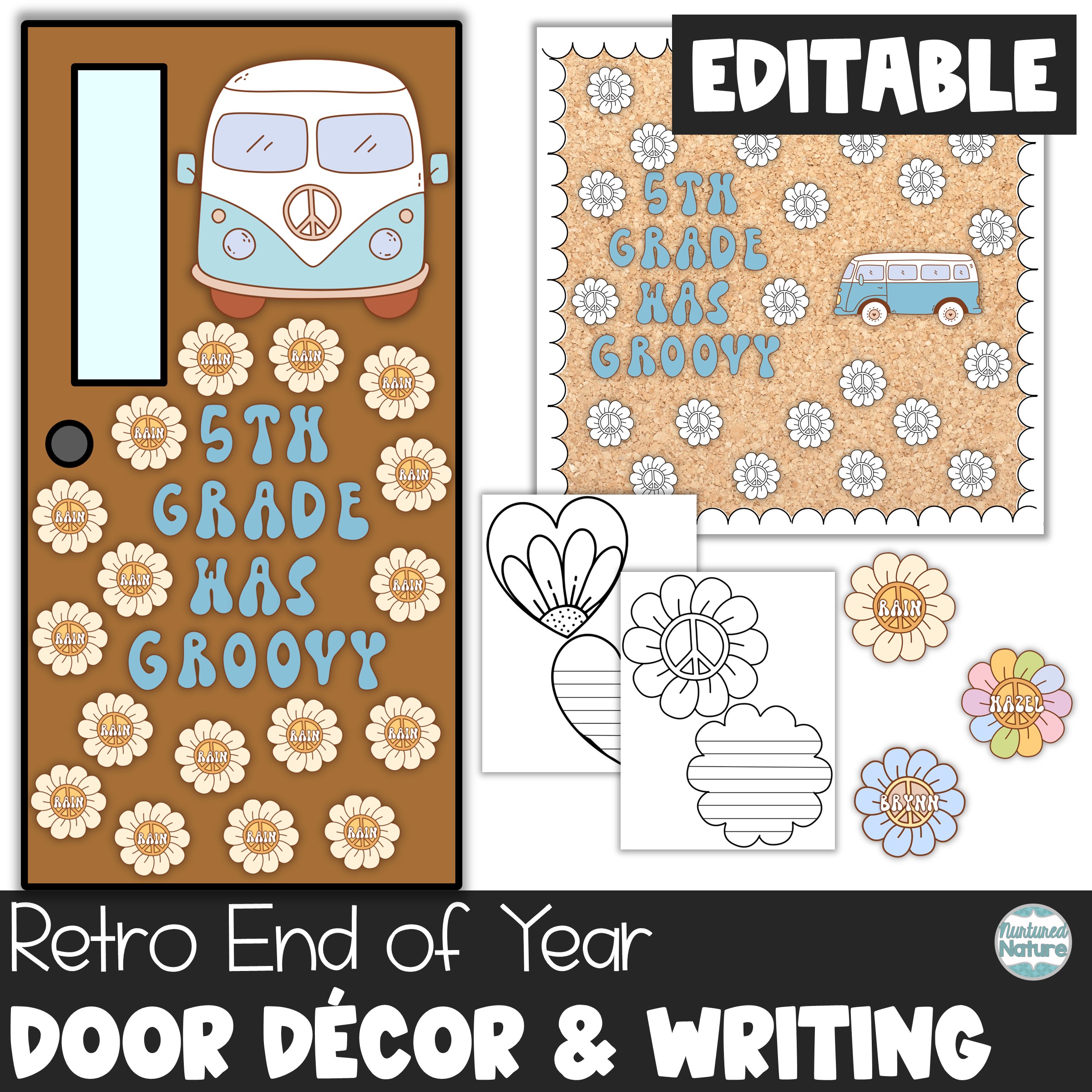 Retro End of the Year Bulletin Board or Door Decor with Editable Name Tags and Letters