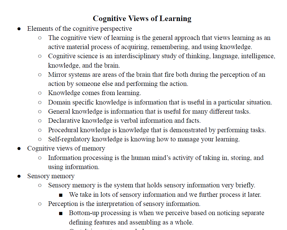 Cognitive Views of Learning Notes