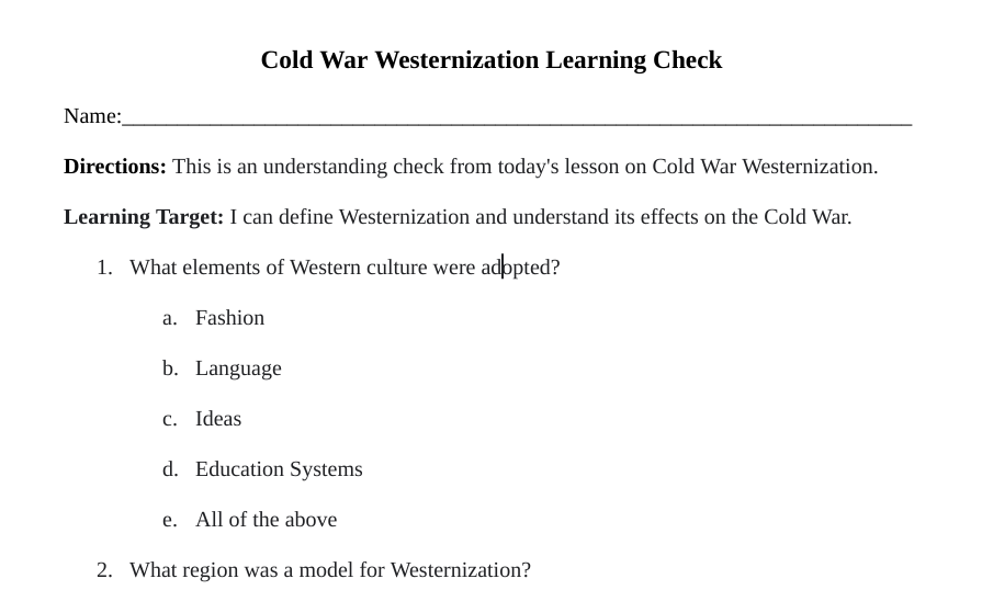 Cold War Westernization Learning Check