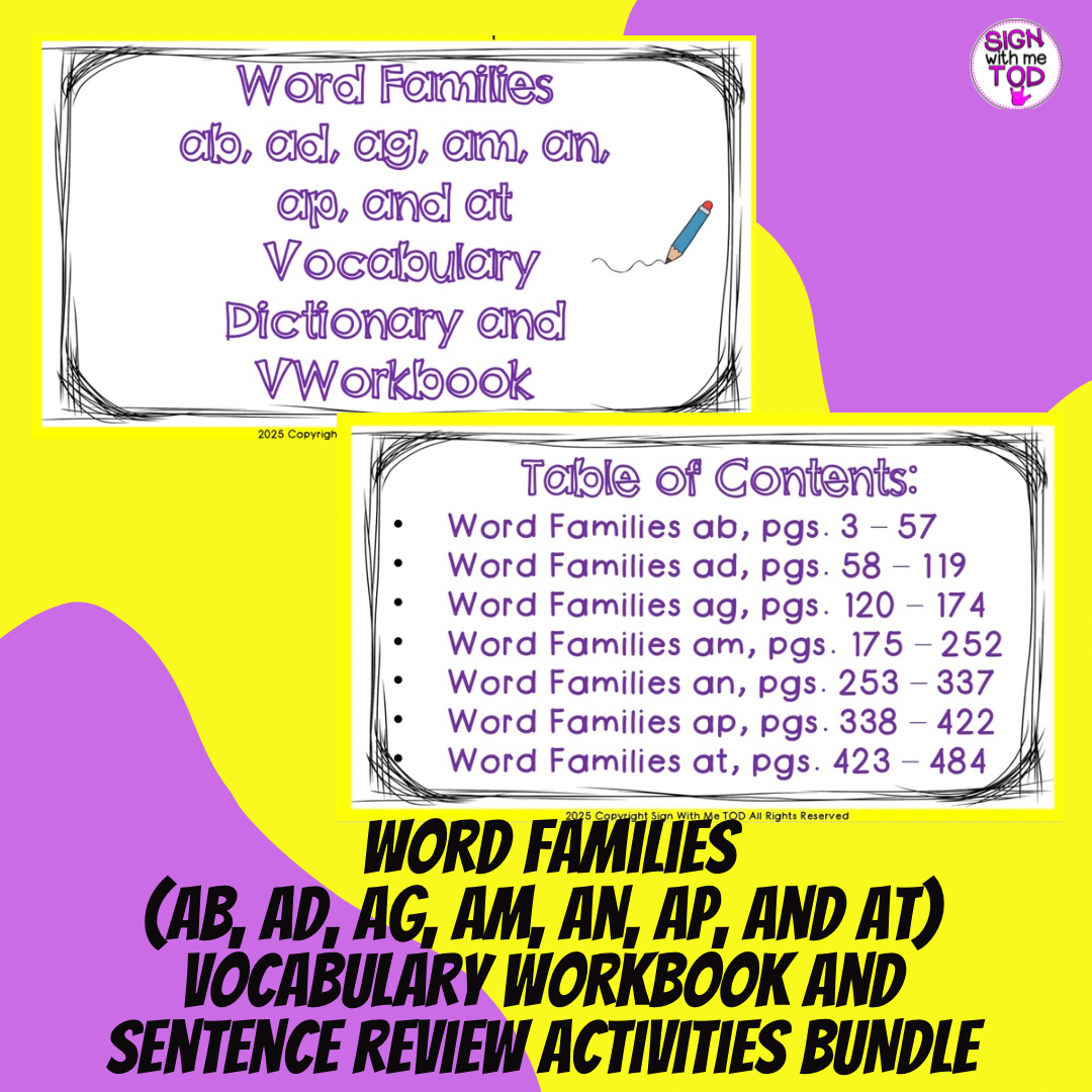 Word Families (ab, ad, ag, am, an, ap, at) Vocabulary and Sentence Review BUNDLE