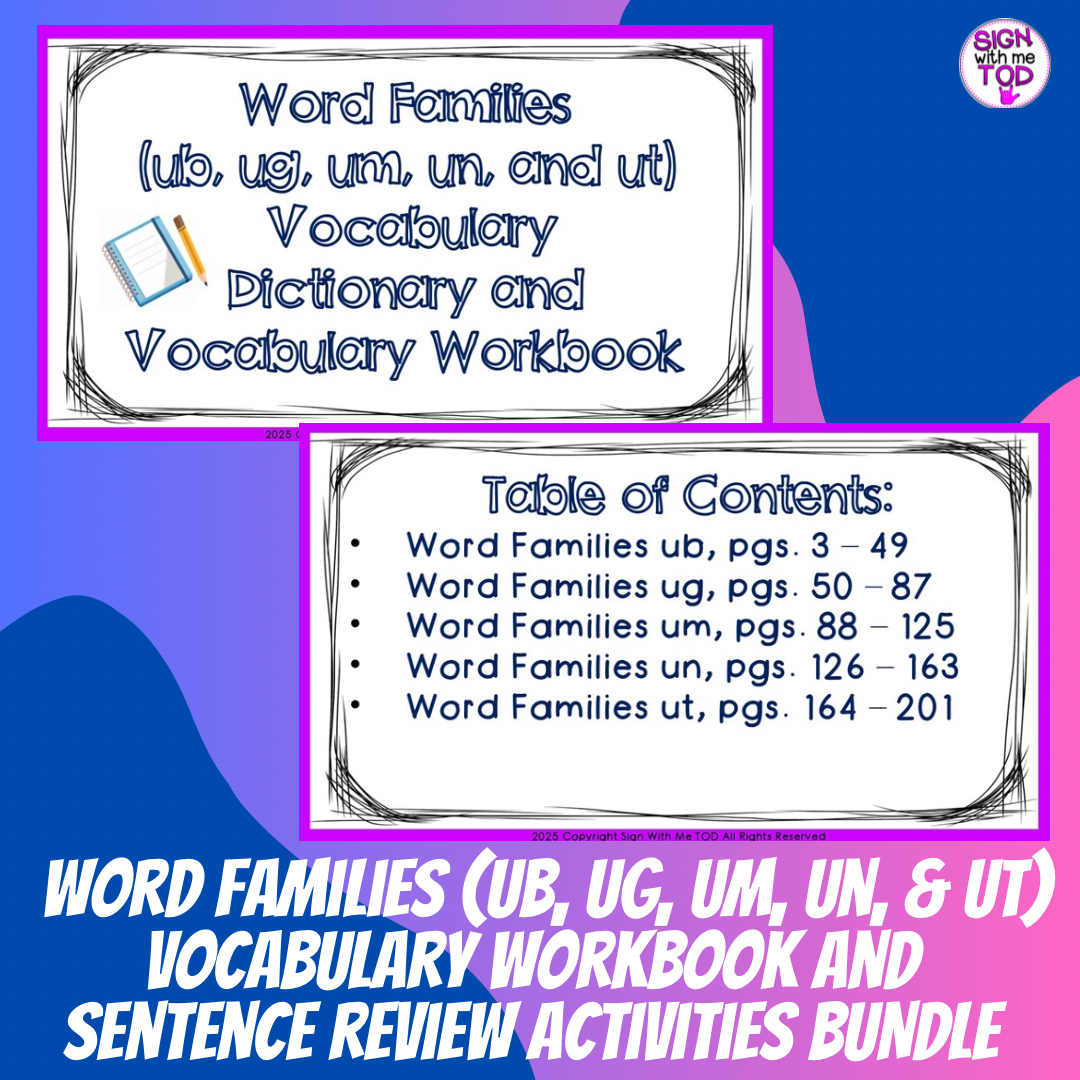 Word Families (ub, ug, um, un, ut) Vocabulary and Sentence Workbook BUNDLE
