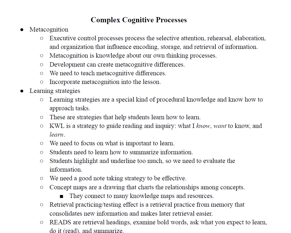 Complex Cognitive Processes Notes