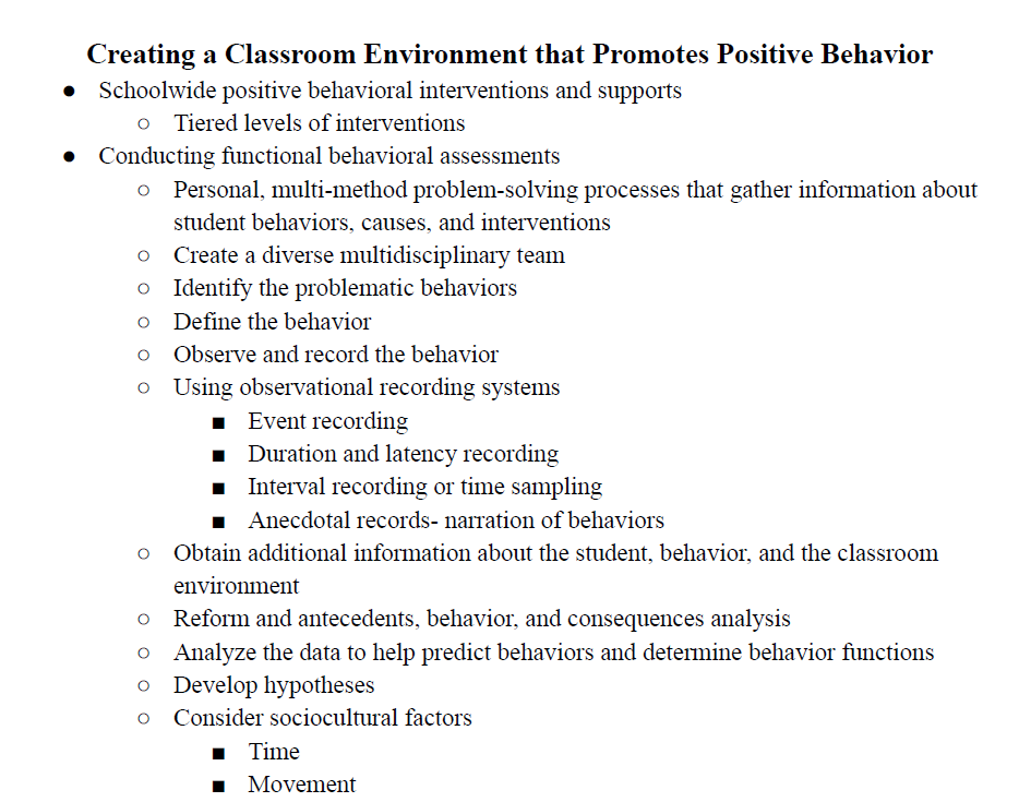 Creating a Classroom Environment that Promotes Positive Behavior Notes