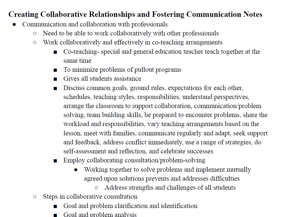 Creating Collaborative Relationships and Fostering Communication Notes