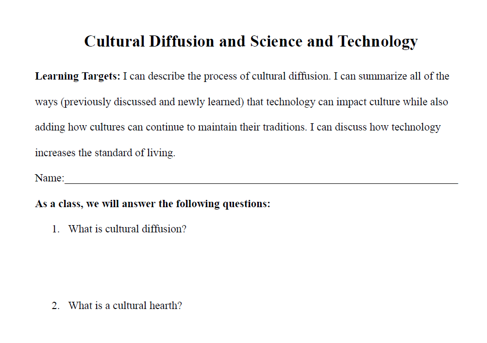 Cultural Diffusion and Science and Technology Worksheet