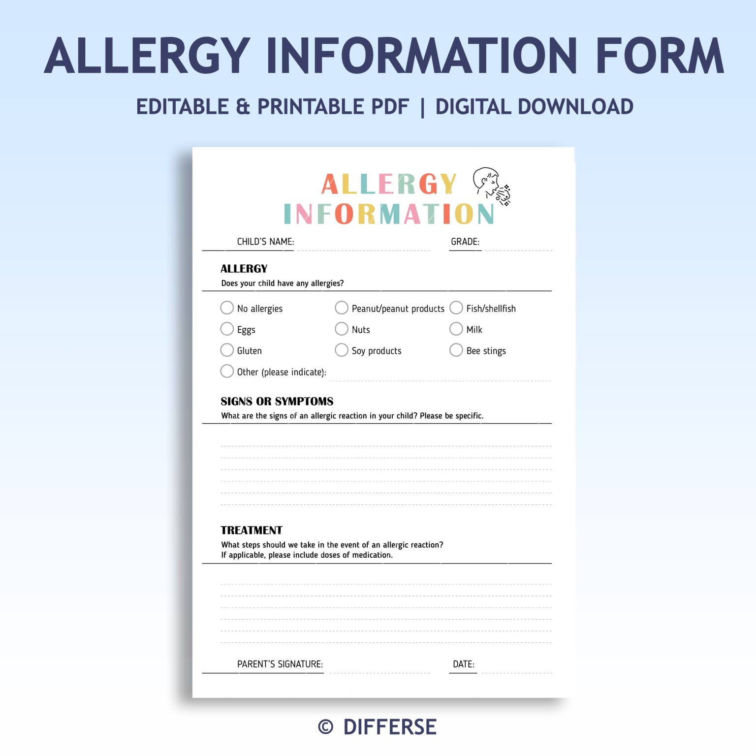 Allergy List + Allergy Information Sheet | Child Allergy Form ...