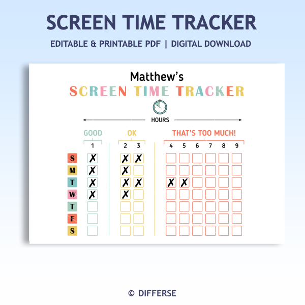 Screen Use Awareness | Screen Time Tracker | Limit Screen Time Chart ...