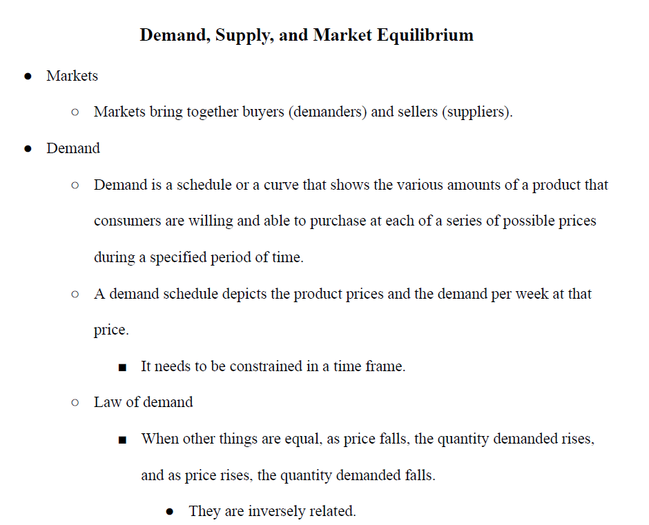Demand, Supply, and Market Equilibrium Notes