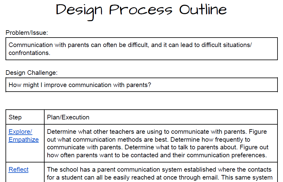 Design Process Outline Regarding Teacher-Parent Communication