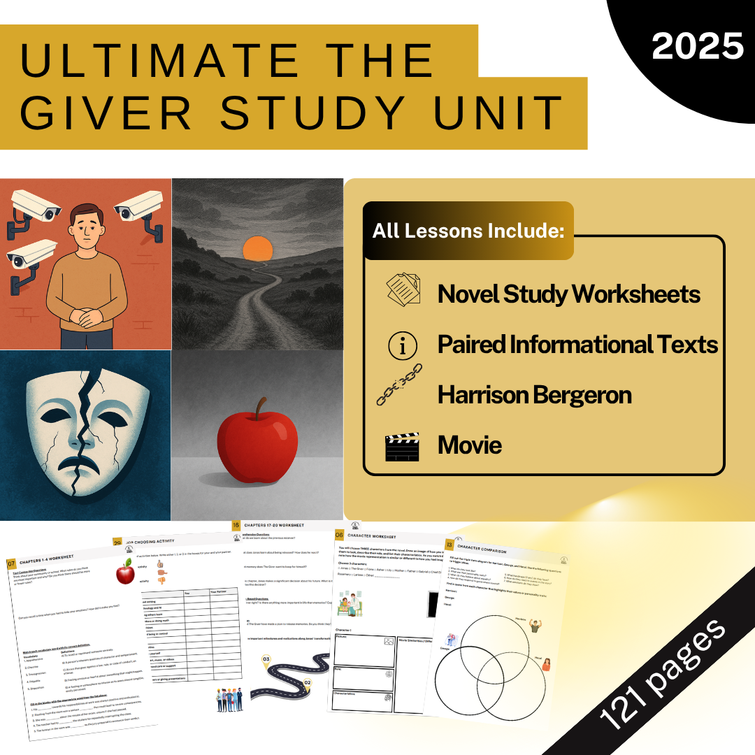 The Giver Teaching Unit - Novel Worksheets, Info Texts, Movie, Short Story
