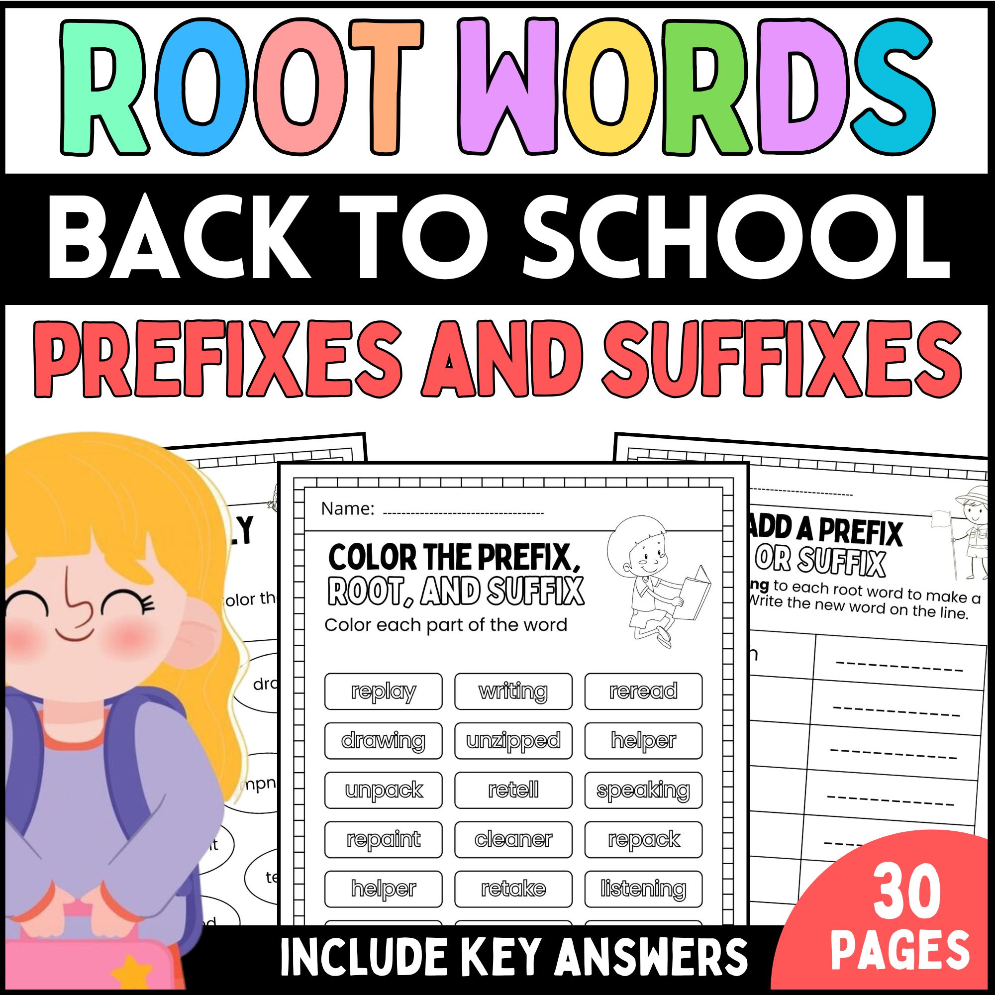 Root Words Prefixes and Suffixes Welcome Back to School Packet