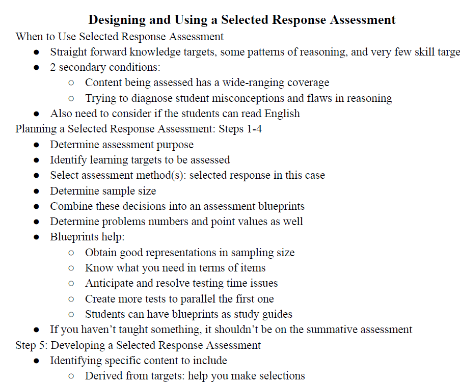 Designing and Using a Selected Response Assessment Notes