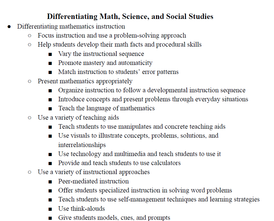 Differentiating Math, Science, and Social Studies Notes