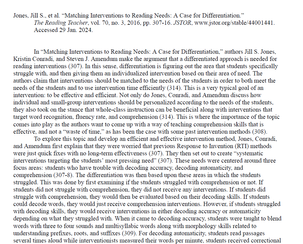Differentiation in Reading Interventions Article Analysis