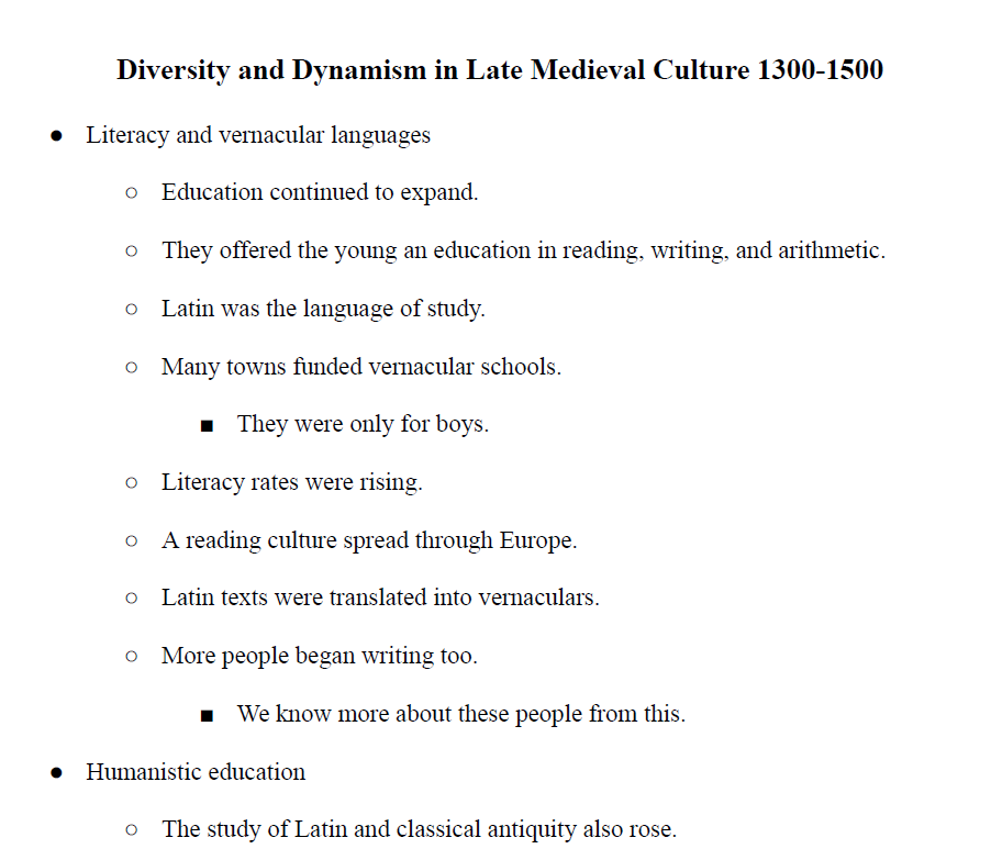 Diversity and Dynamism in Late Medieval Culture 1300-1500 Notes