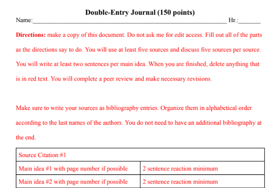 Double-Entry Journal Directions and Rubric