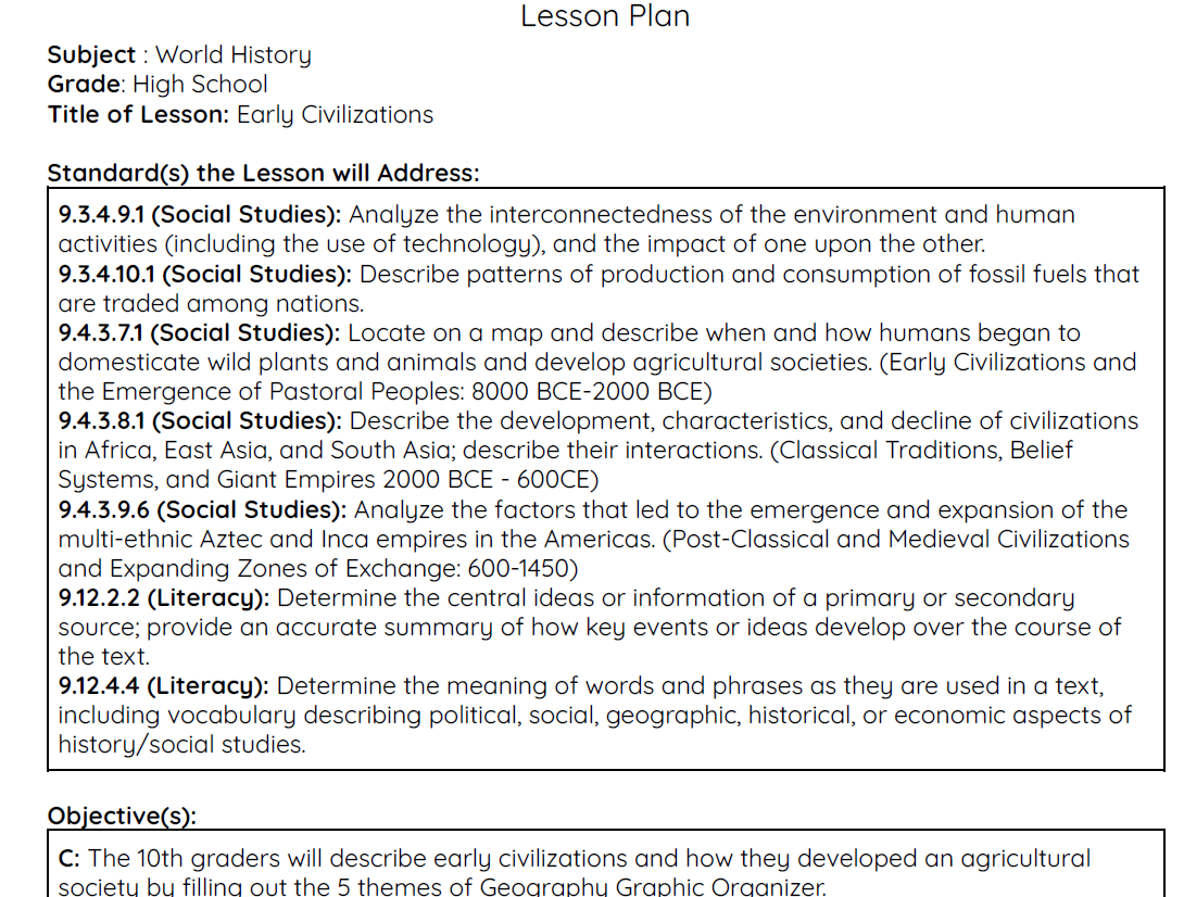 Early Civilizations Lesson Plan