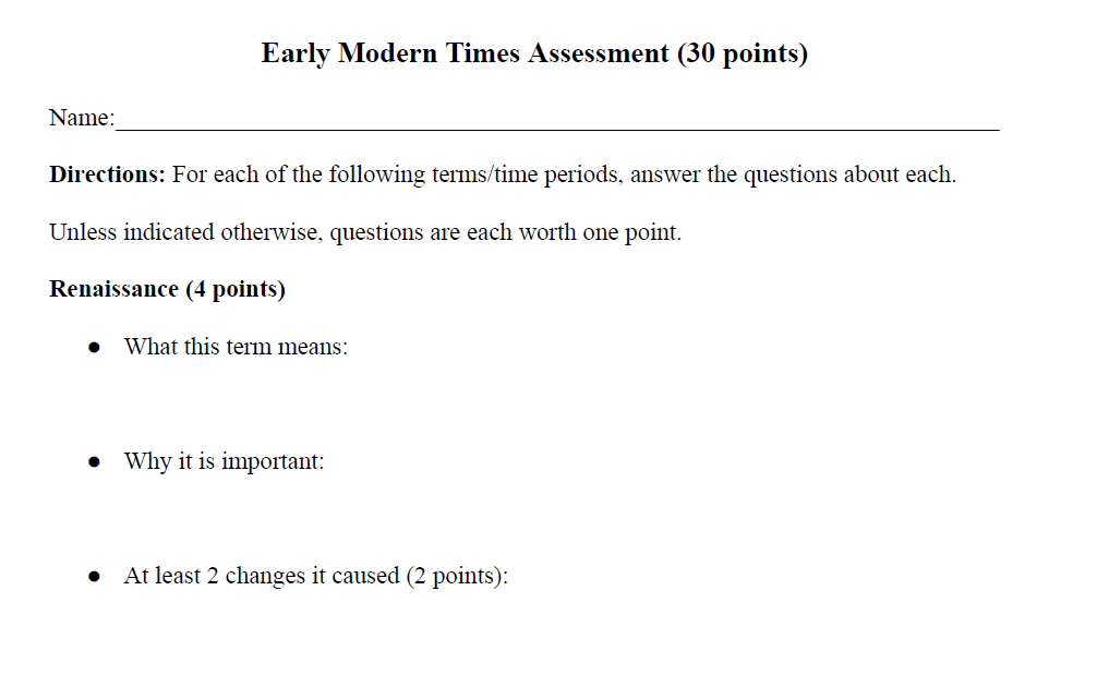 Early Modern Times World History Assessment