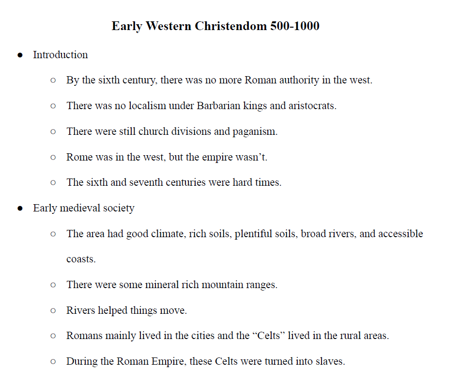 Early Western Christendom 500-1000 Notes