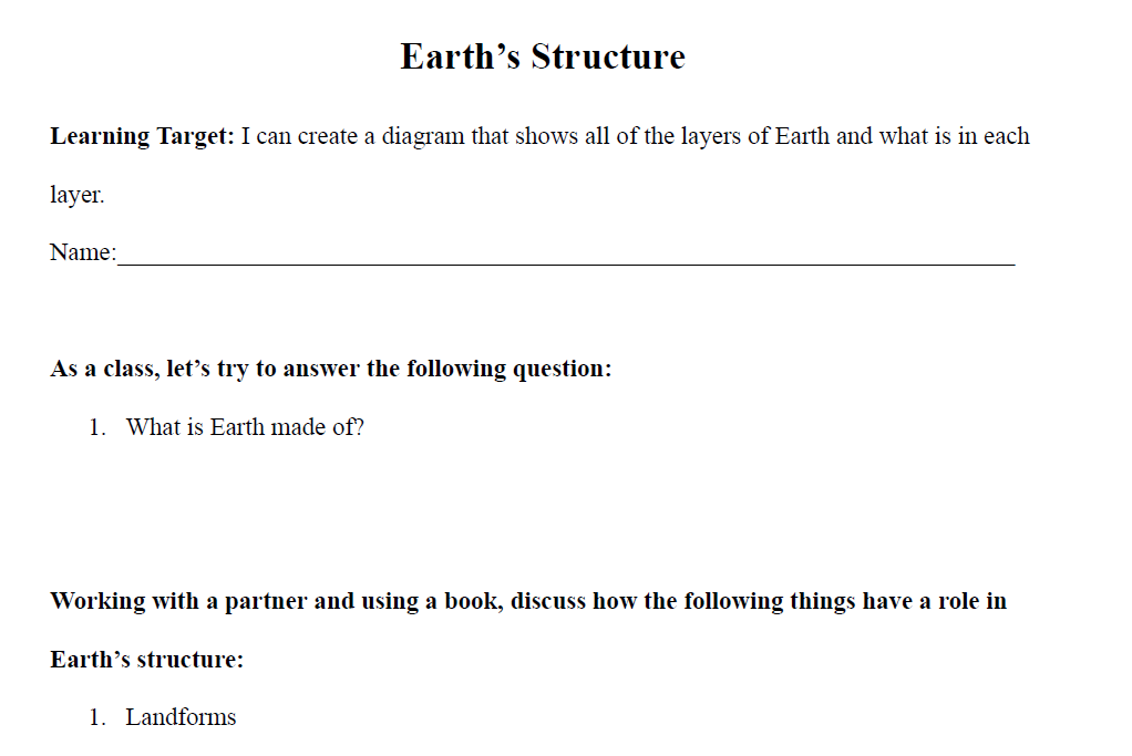 Earth's Structure Worksheet