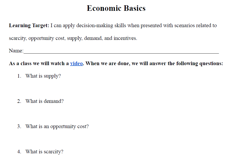 Economic Basics Worksheet